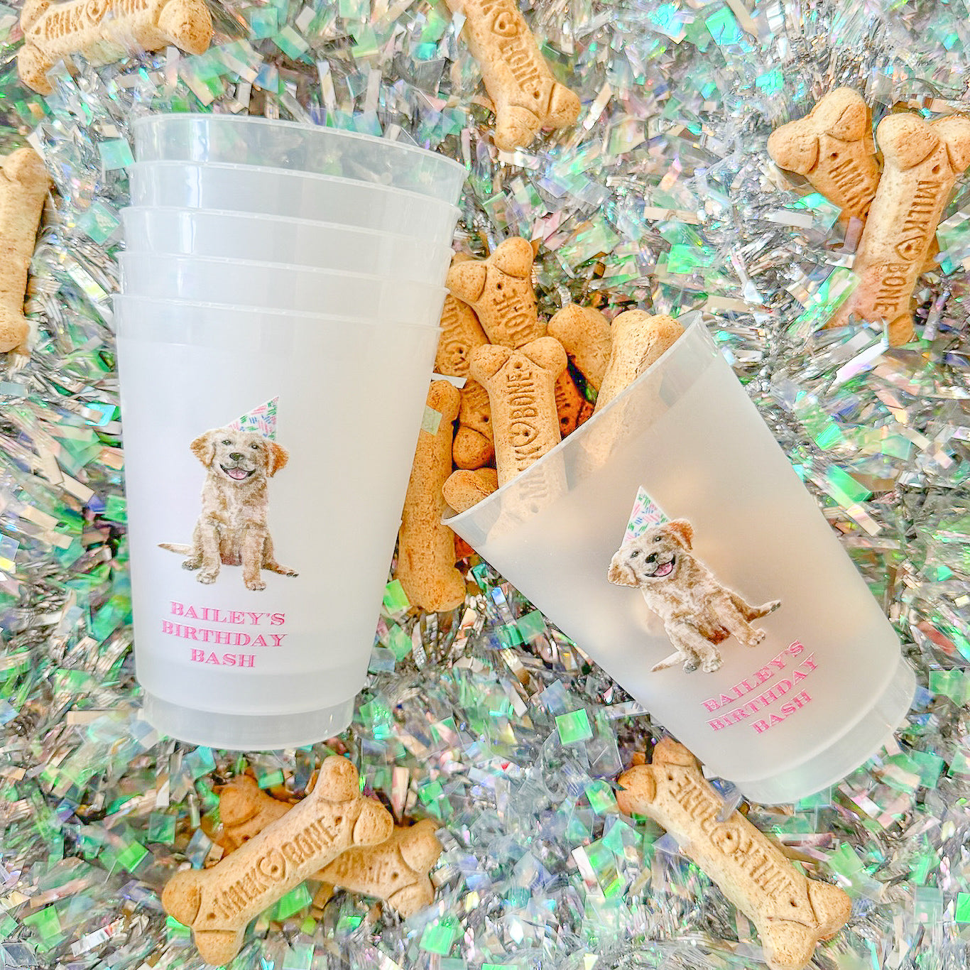 Collection of plastic cups personalized for dog lover