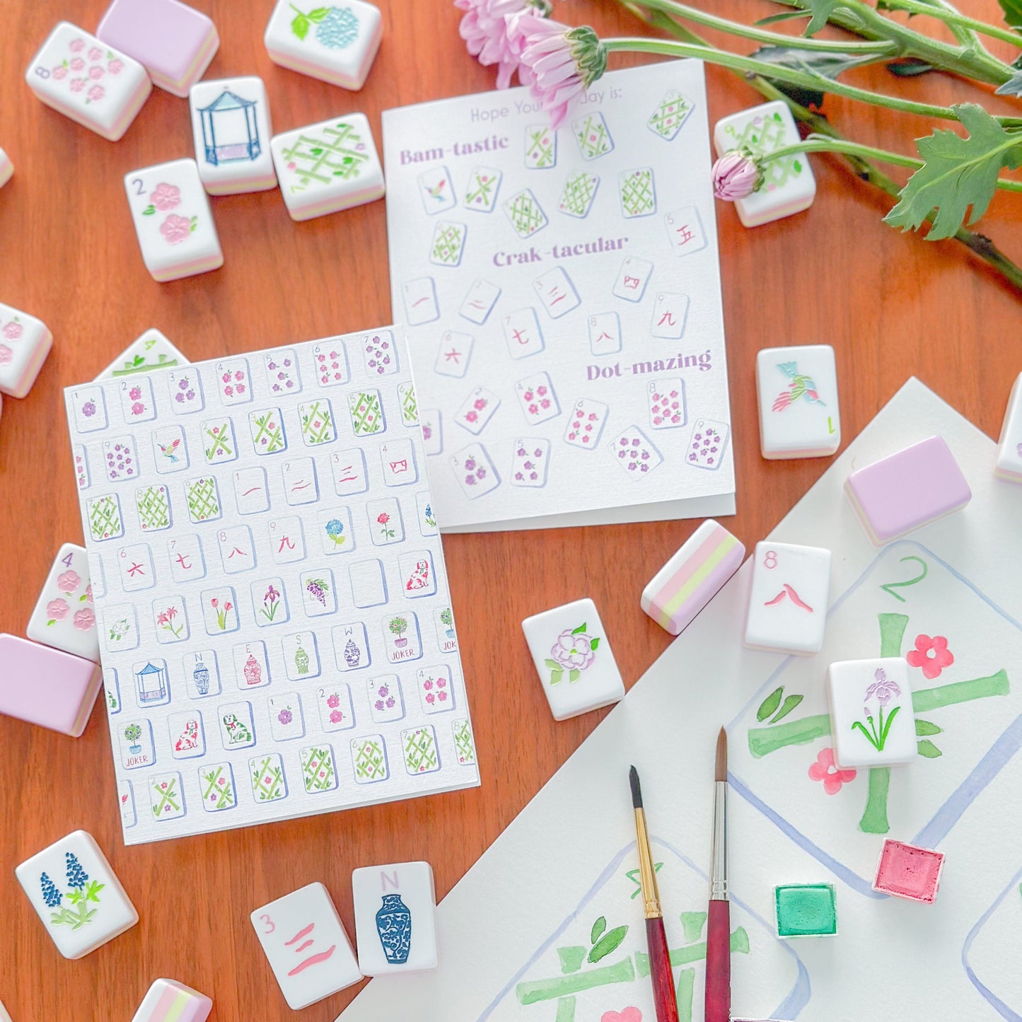 Mahjong themed cards. pastel colors with wildflowers, ginger jars, and bagotas.