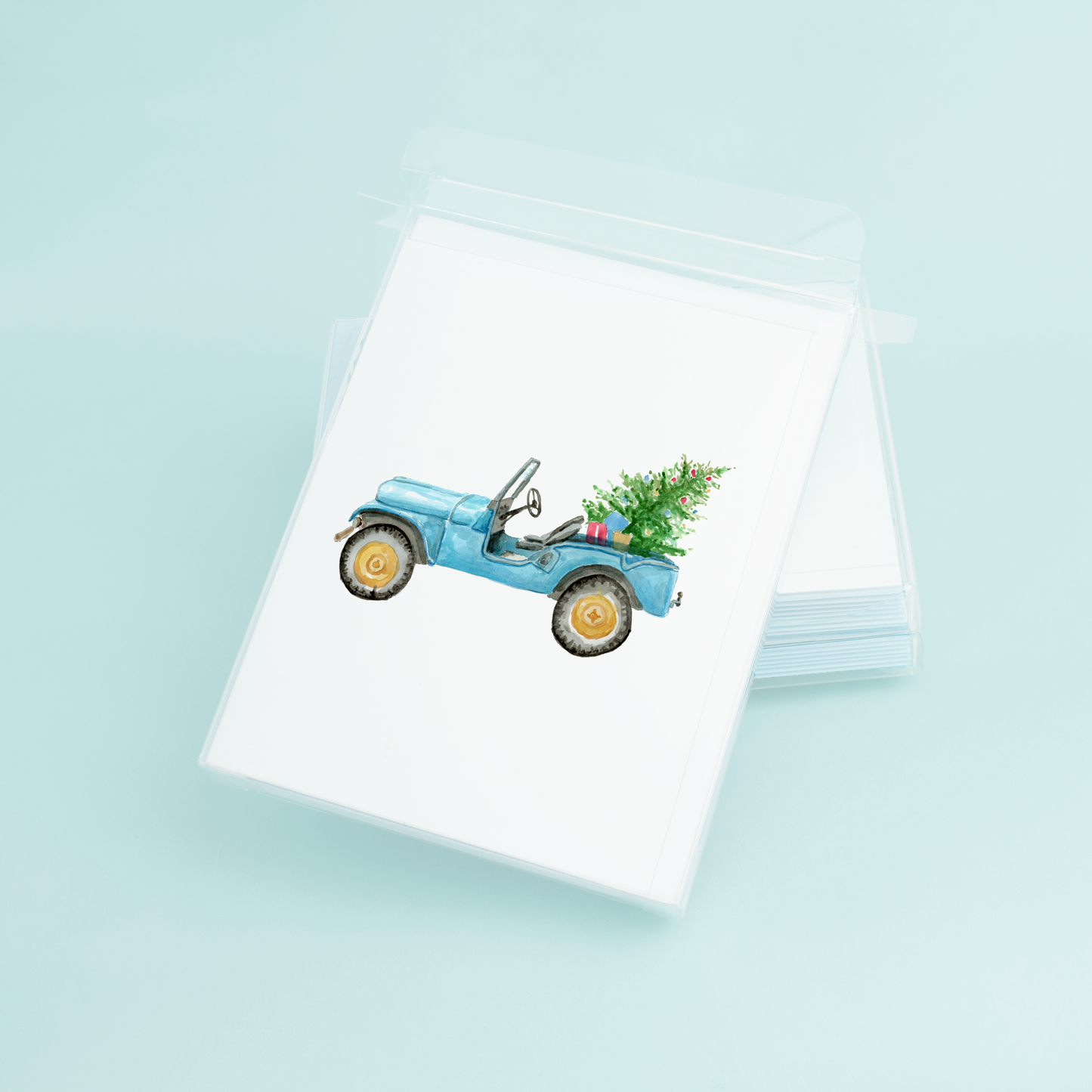 Stack of watercolor Jeep Christmas cards