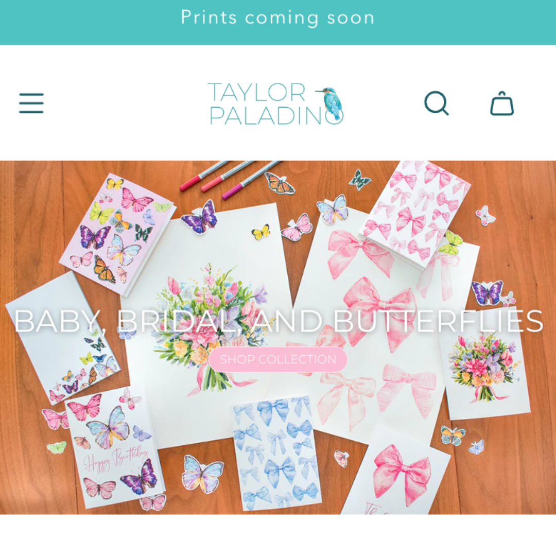 taylor paladino home screen featuring our baby, bridal, and butterflies collection