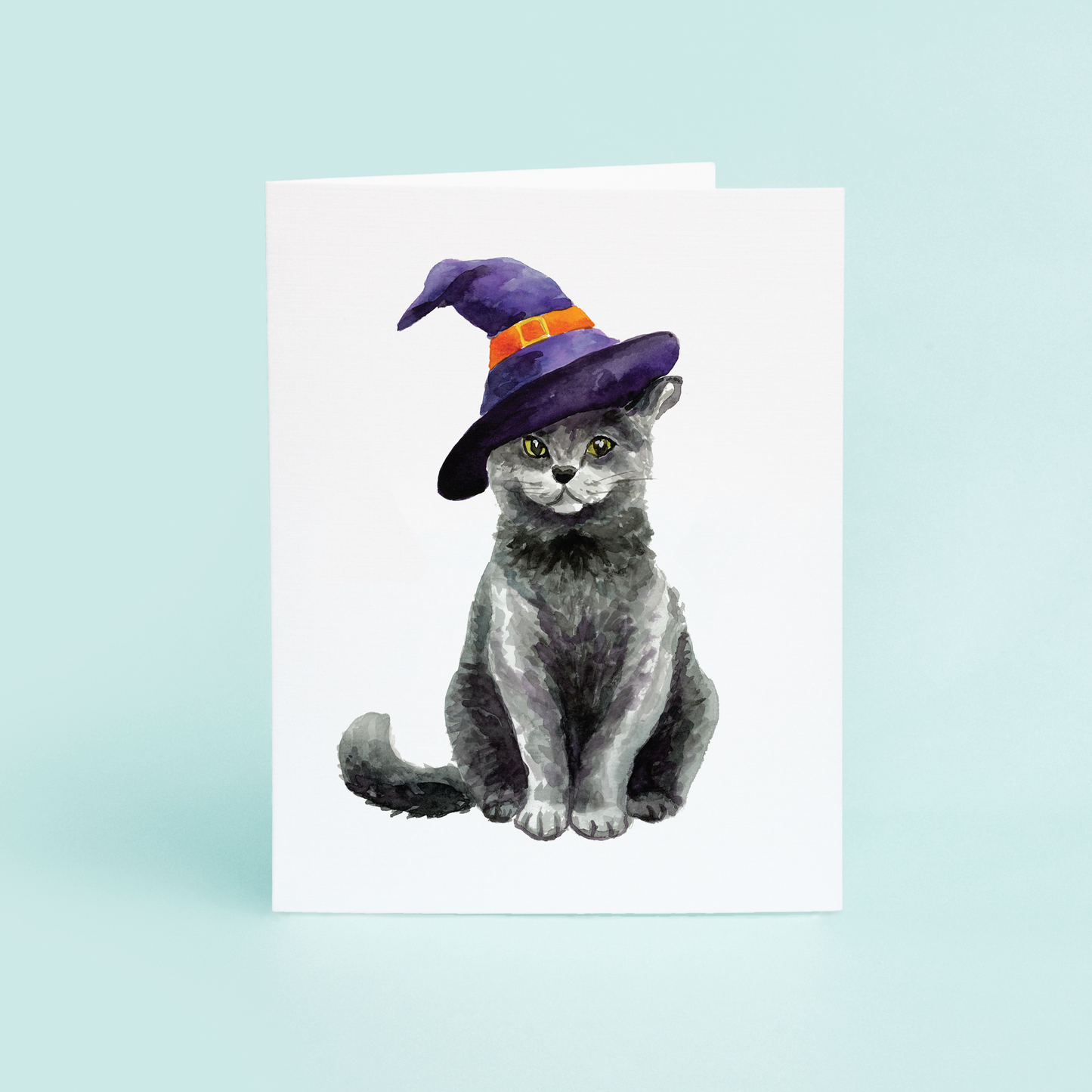 a grey or balck cat dressed up as a witch for halloween