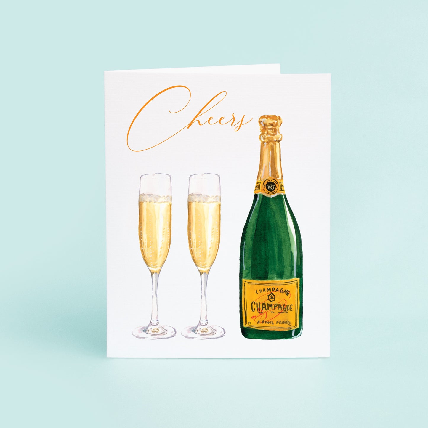 Card with illustration of champagne bottle and glasses