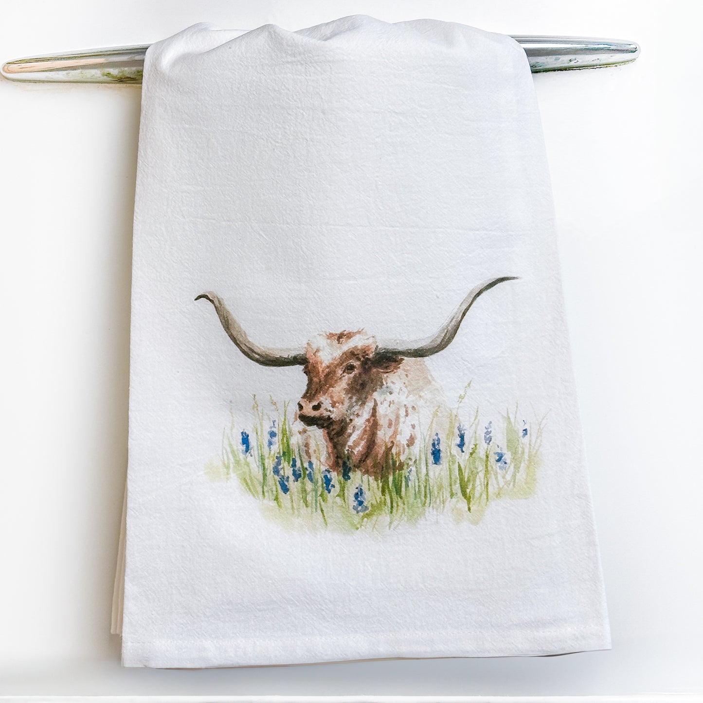 Longhorn in Bluebonnets Tea Towel