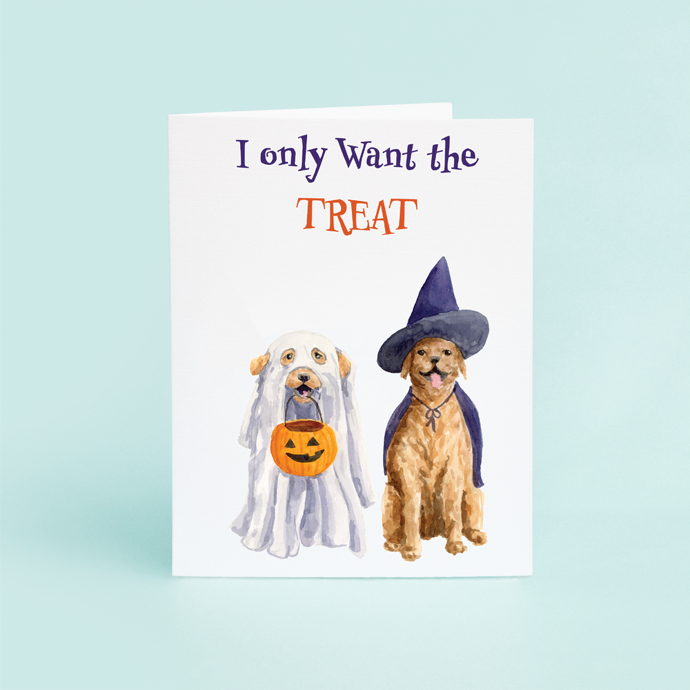 Greeting card with watercolor art on it. 2 dogs dressed up for halloween, one as a ghost with a jok o lantern bucket and the other as a witch. The card reads on the outside 