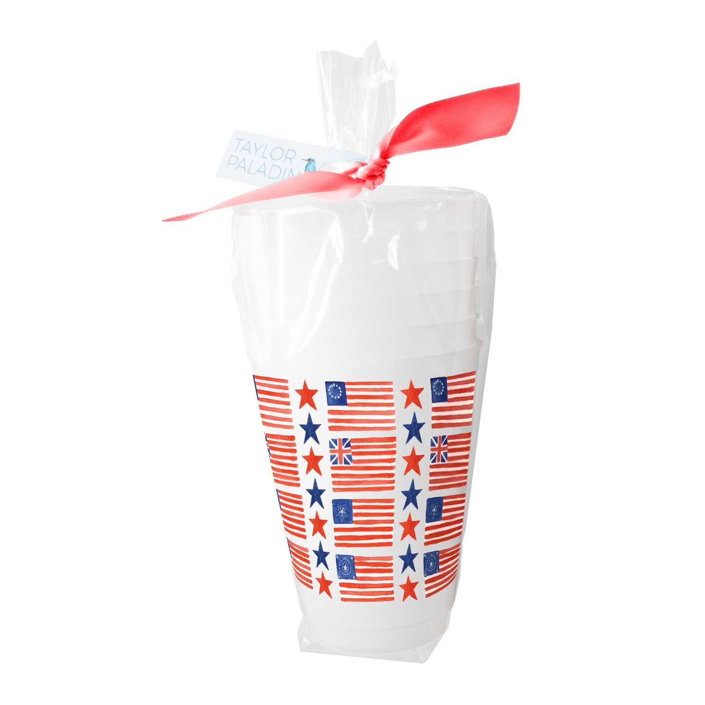 frosted plastic cups with American flag designs on them